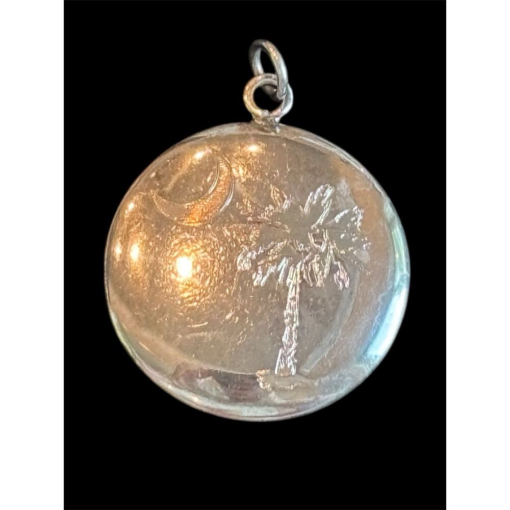 Lg 1 3/8” Sterling Silver Engraved South Carolina Palmetto Tree & Moon Pendant